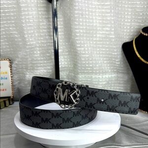 (H) Michael Kors Gray Reversible Monogram Belt with Silver Buckle,Sz L,Women’s